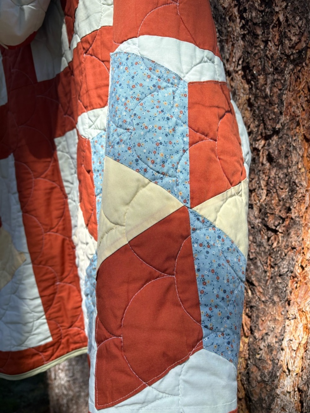 Patchwork Quilted Jacket in Rust, Cream & Light Blue,Size 1x - Picture 8 of 11